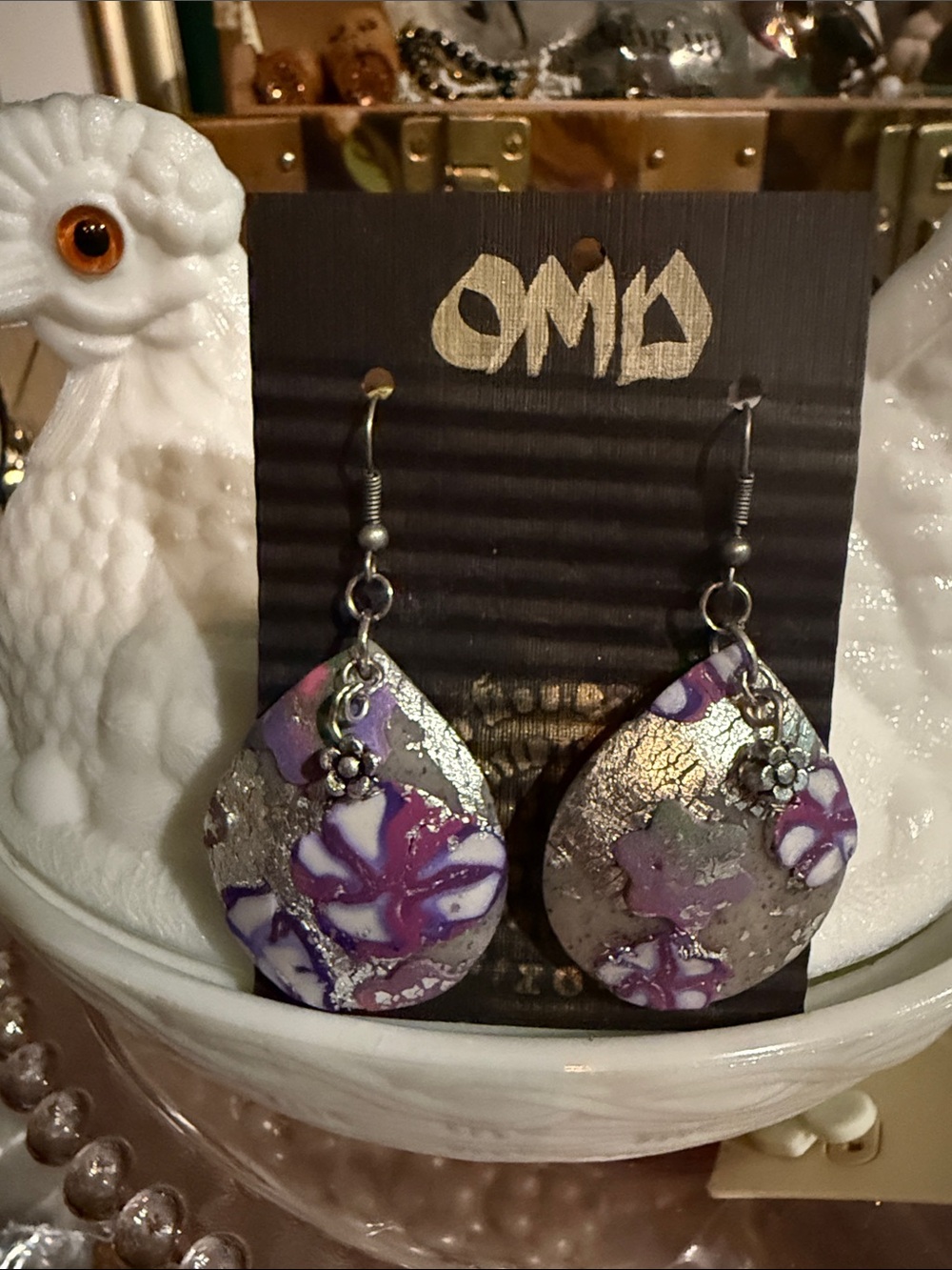 Handcrafted Purple Floral Drop Earrings with Silver Accents